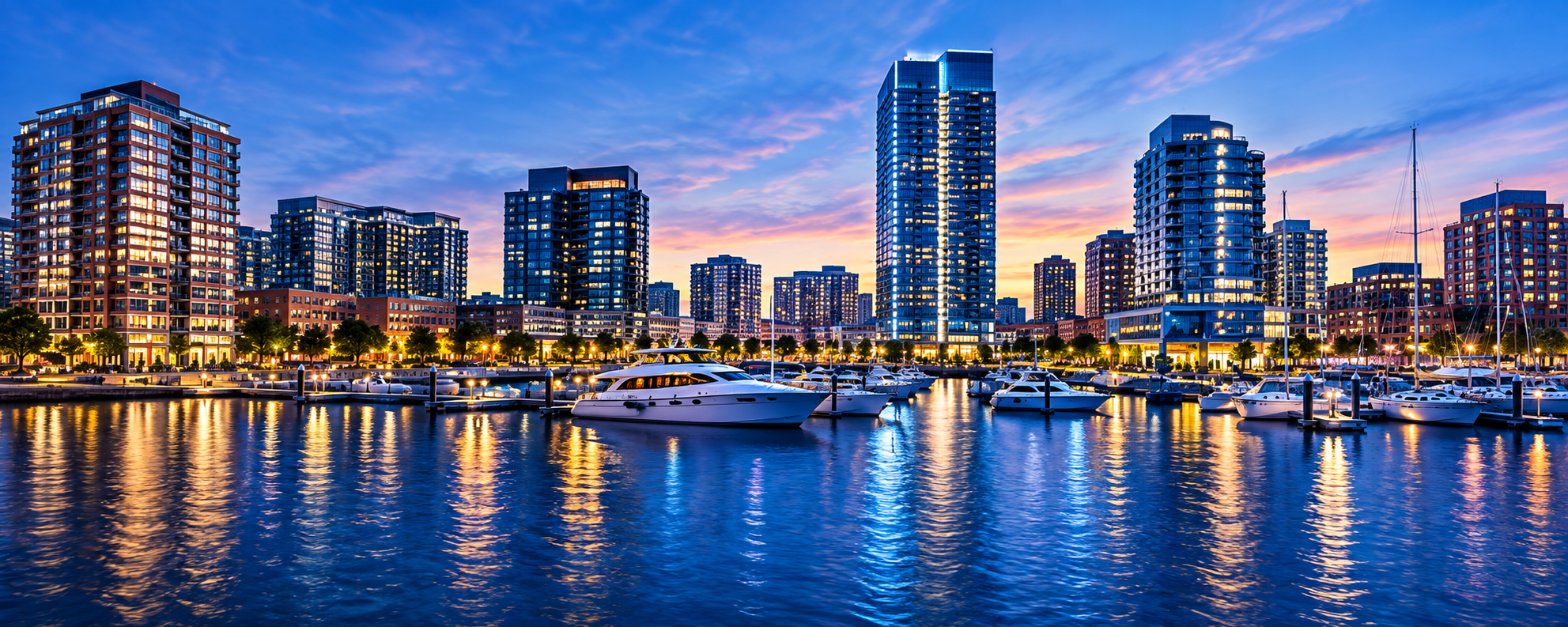 Harbor East waterfront at dusk