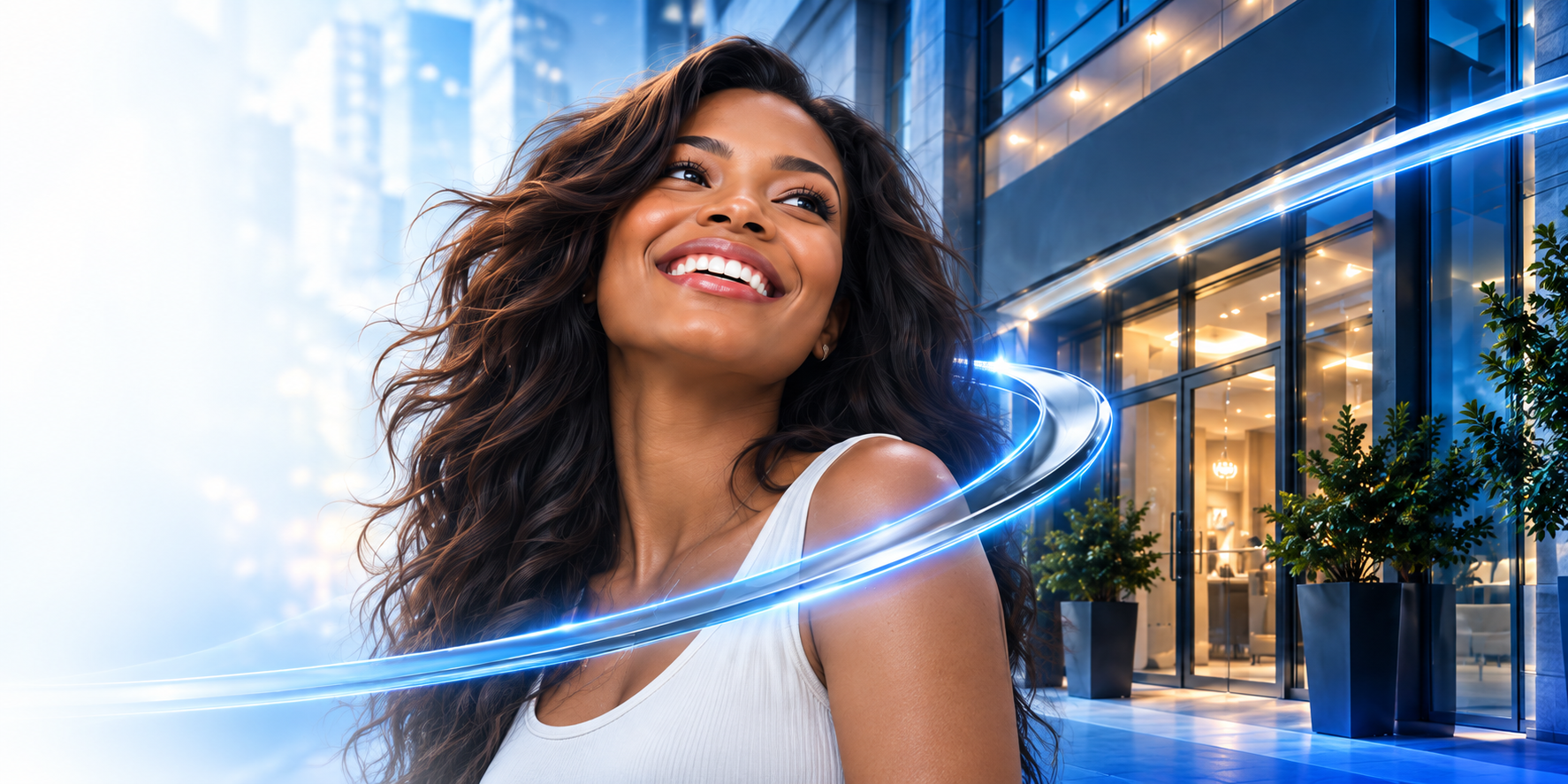 Smiling patient outside a modern dental office